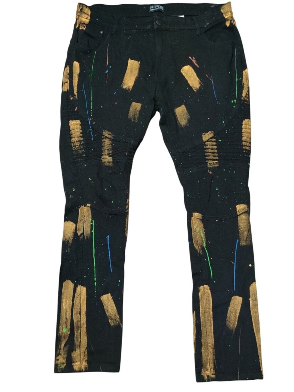 GS-115 Premium Jeans 36 Black Upcycled Gold Paint Splatter Distressed Streetwear